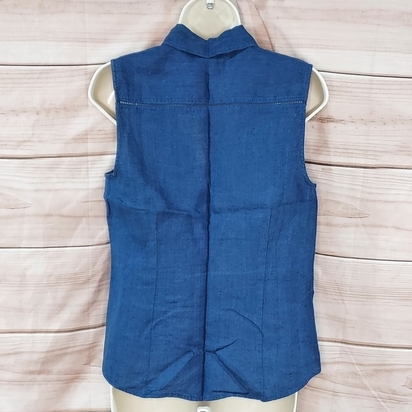 Eddie Bauer shirt linen sleeveless collar button up crochet detail navy blue SP - Picture 4 of 10